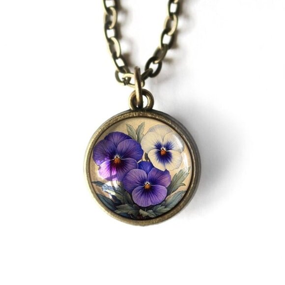 NEW- Purple Pansies Pendant Necklace - Spring Floral - Nature Jewelry - Flowers - Picture 1 of 5